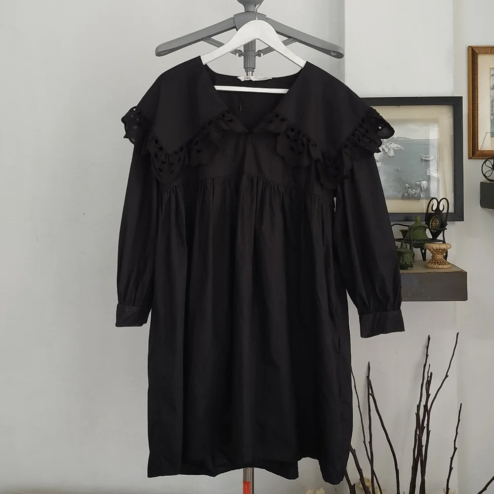 Zara Long sleeve Poplin Mini Dress Black - Picture 3 of 13